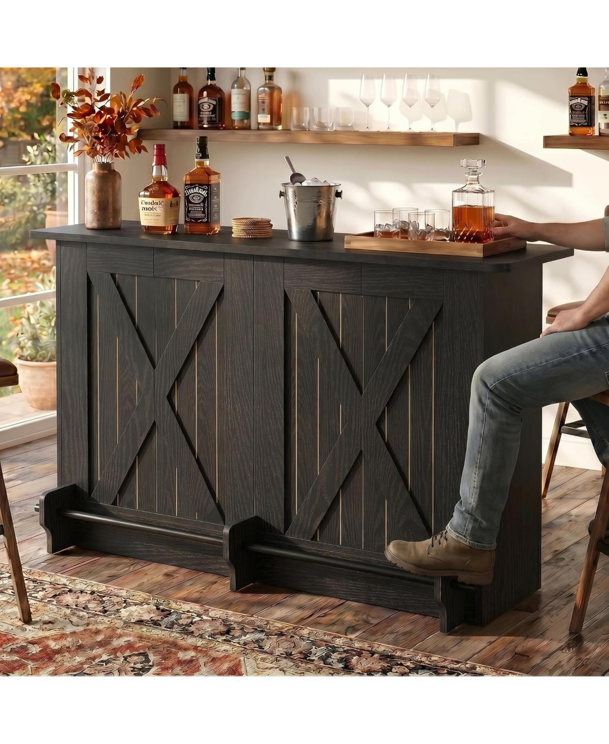 Tribesigns 63" Farmhouse Bar Table with 2-Tier Shelves