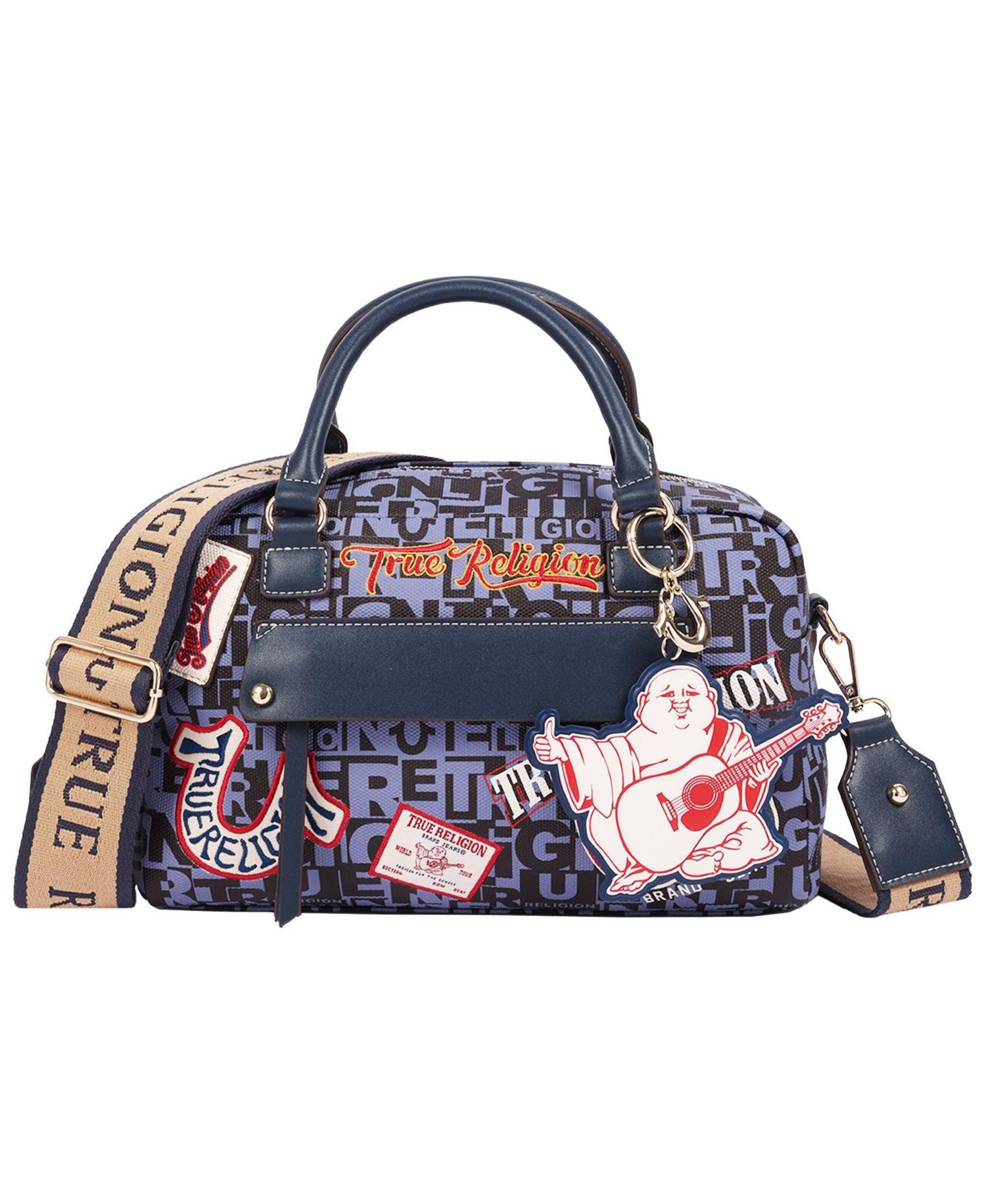 Women's Multi Patch Graphic Satchel Bag with Detachable Guitar Buddha Charm - Convertible Crossbody Handbag