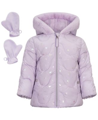 Baby Girls' Foil-Print Quilted Puffer Jacket and Mittens, 2-Piece Set