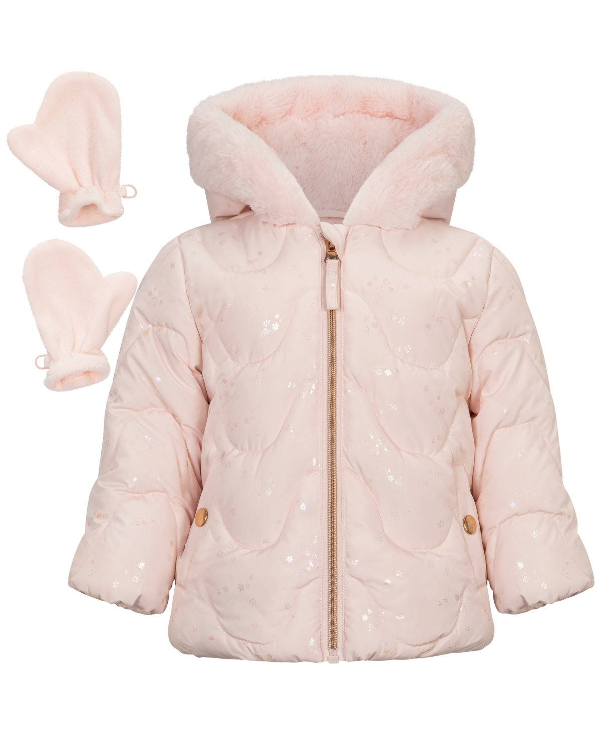 S Rothschild & Co Baby Girls' Foil-Print Quilted Puffer Jacket and Mittens, 2-Piece Set