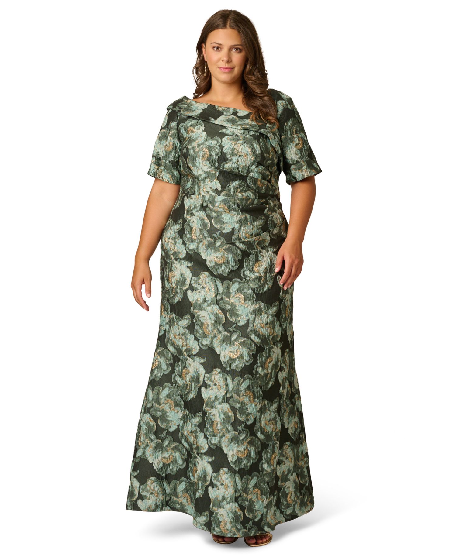 Plus Size Floral Asymmetrical Neckline Short Sleeve Gown