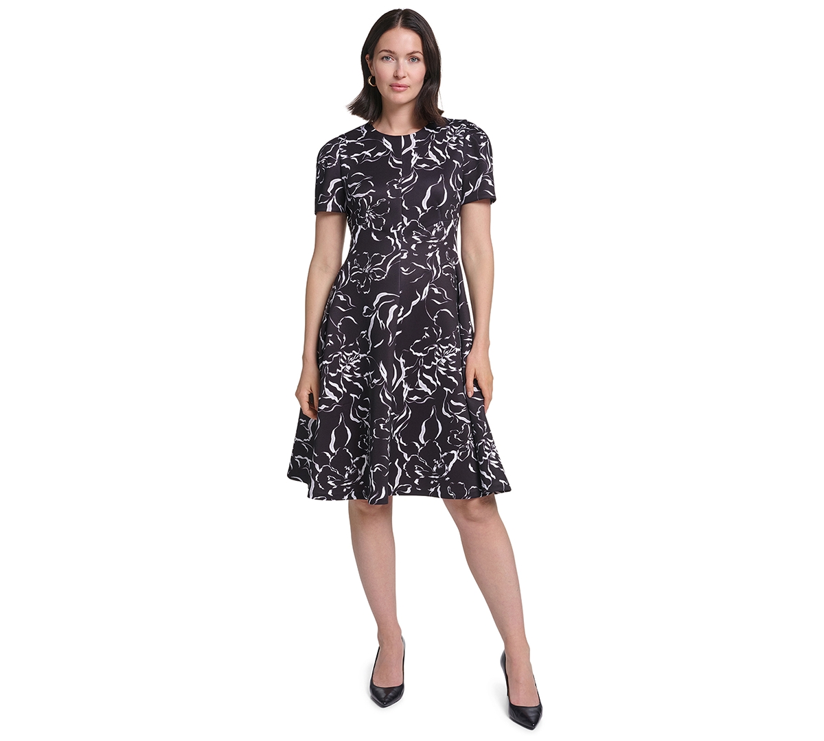 Calvin Klein Women's Floral-Print Fit & Flare Midi Dress - Black/Cream