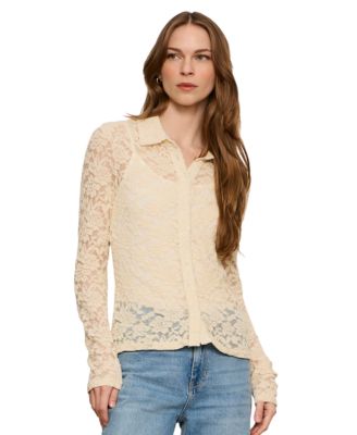 Women's Petite Dreamer Lace Long-Sleeve Button-Up Blouse