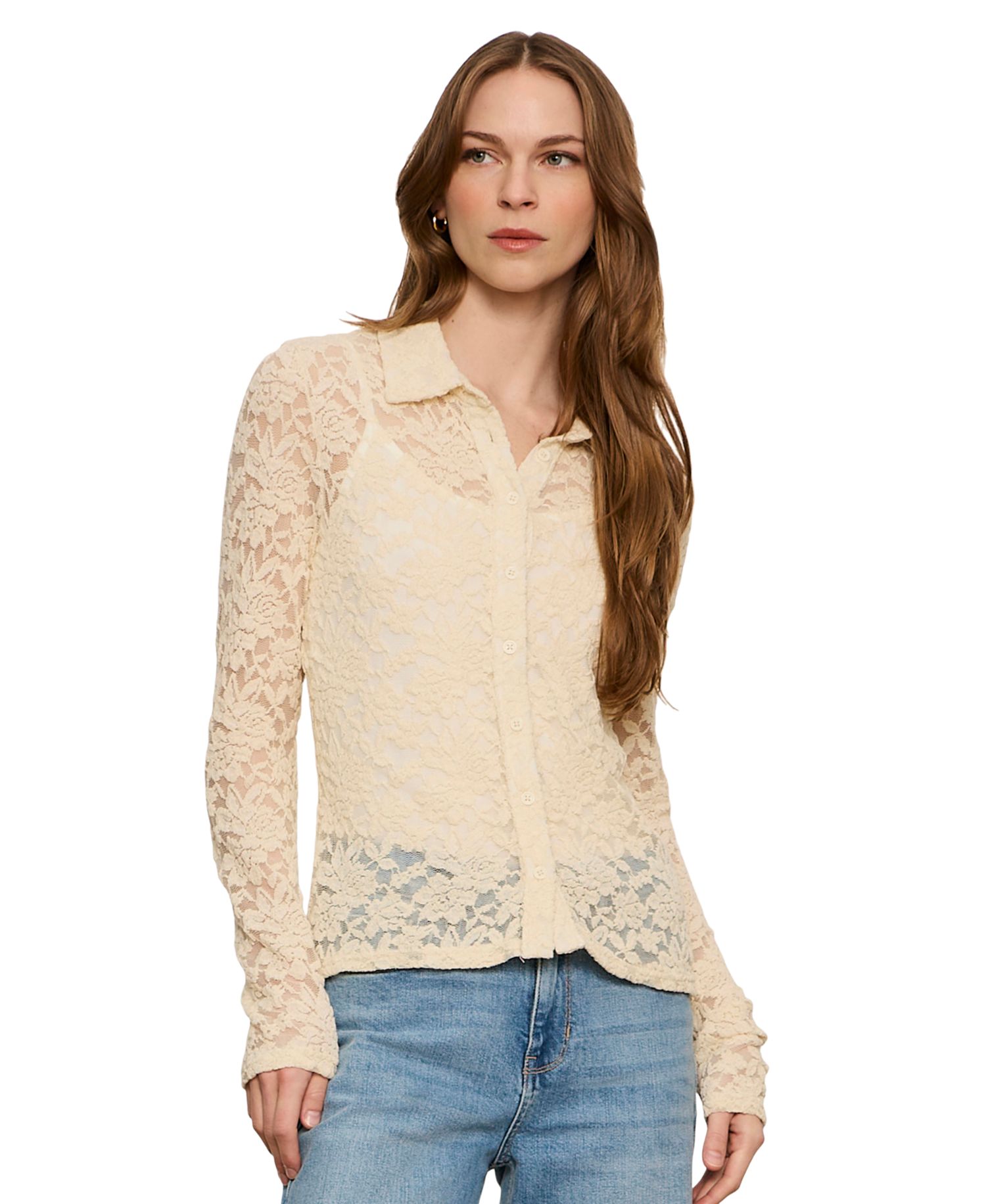 Petite Dreamer Lace Long-Sleeve Button-Up Blouse