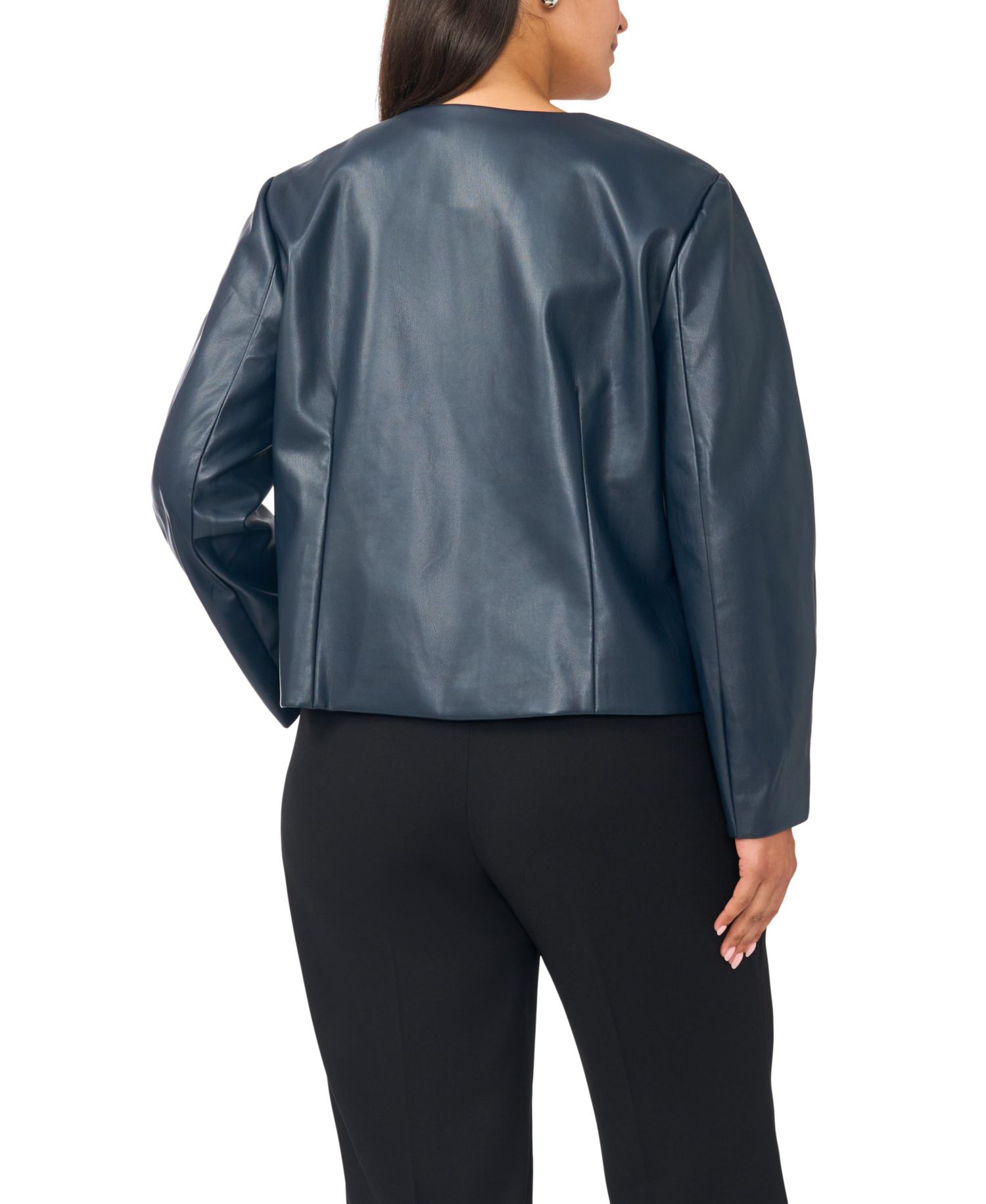 Plus Size Balloon Sleeve Faux Leather Crewneck Jacket