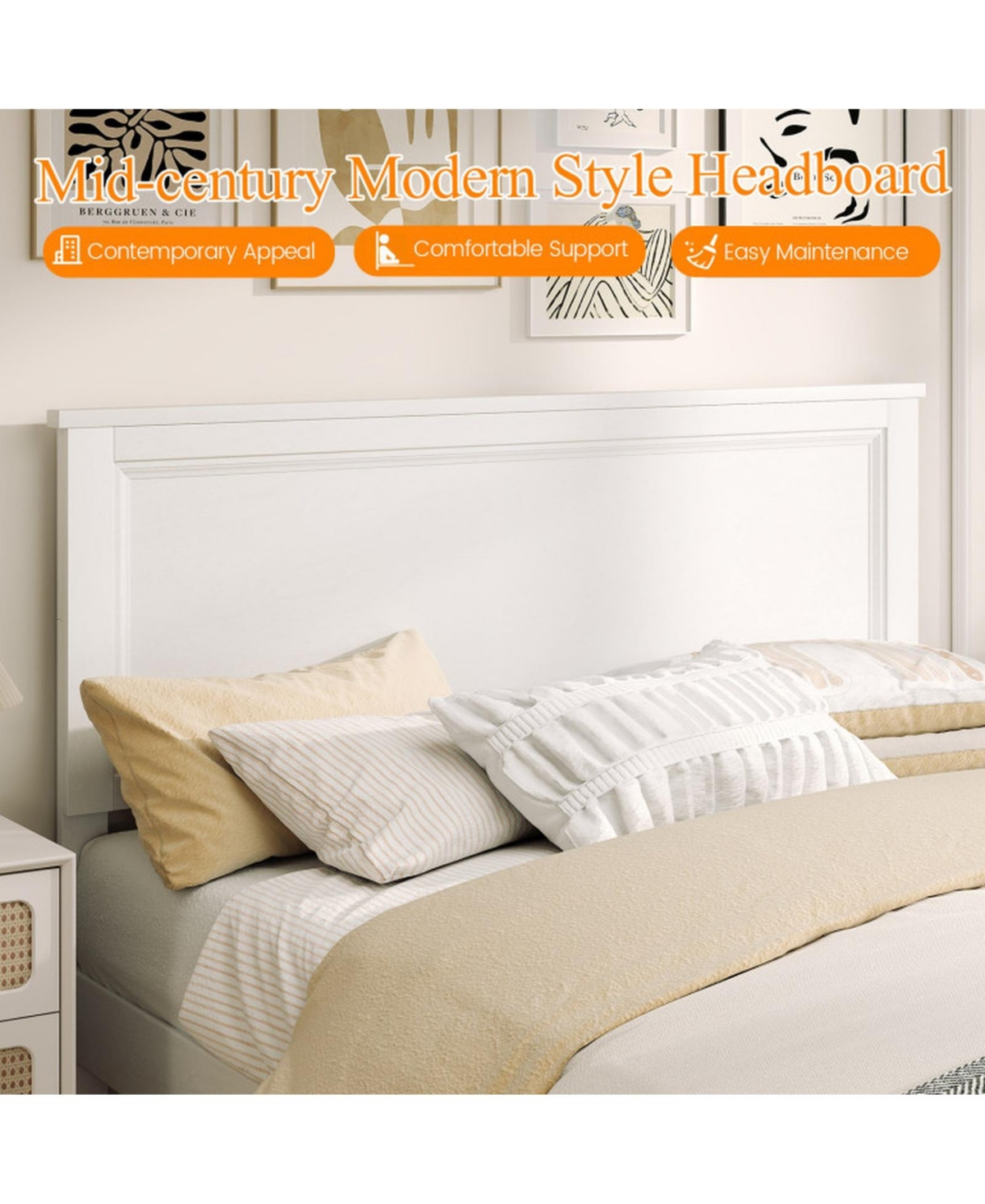 Gouun Queen Size Platform Bed Frame with High Slatted Headboard and Rubber Wood Legs