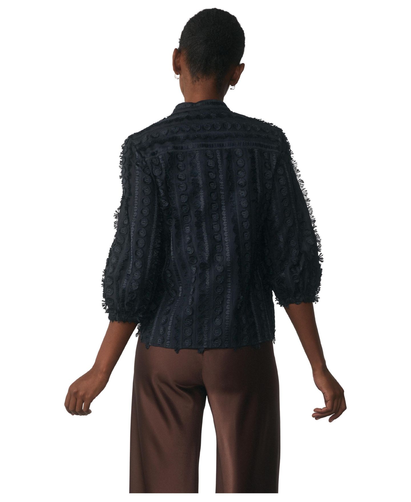 Женская блузка The Fold Nola Mandarin Collar 3/4-Sleeve Textured-Embroidery, цвет: Тёмно-синий — фото 3