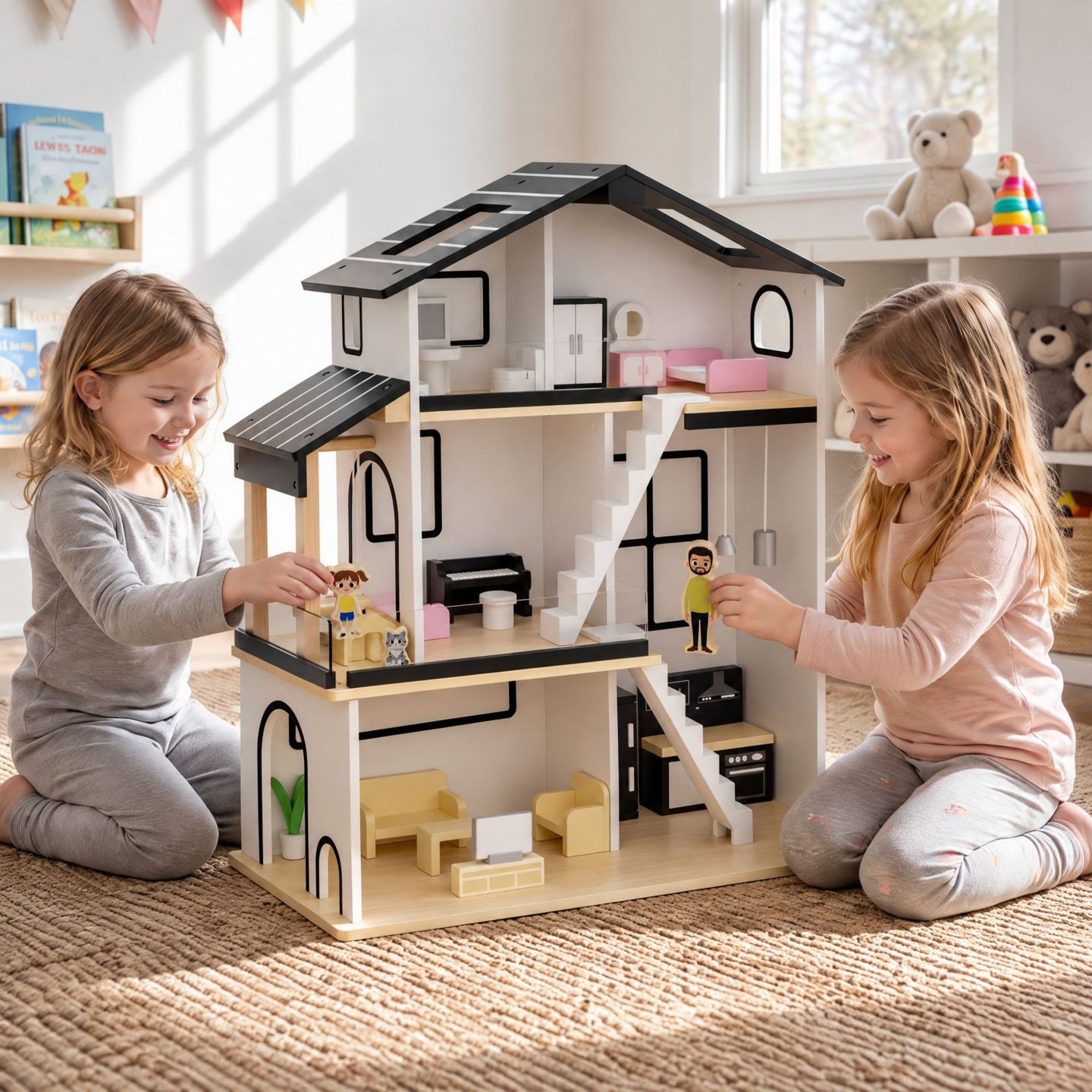 Интерактивный деревянный трёхэтажный кукольный дом Kinder King с 26 аксессуарами, 3+, цвет: Чёрный — фото 2