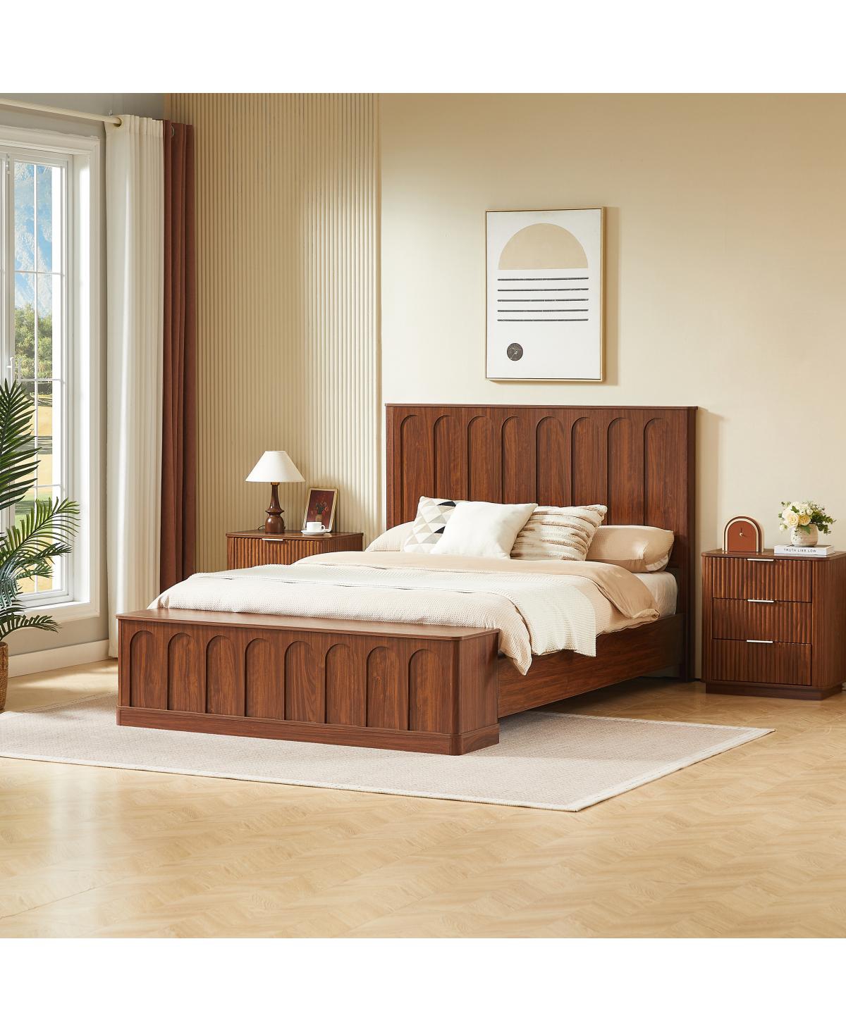 Streamdale Furniture Queen Wood Platform Bed with Footboard Bench and Storage - Walnut