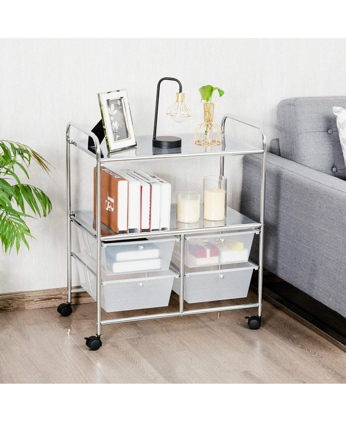 Mecale 4-Drawer Rolling Storage Cart with 2-Tier Open Shelf, Transparent