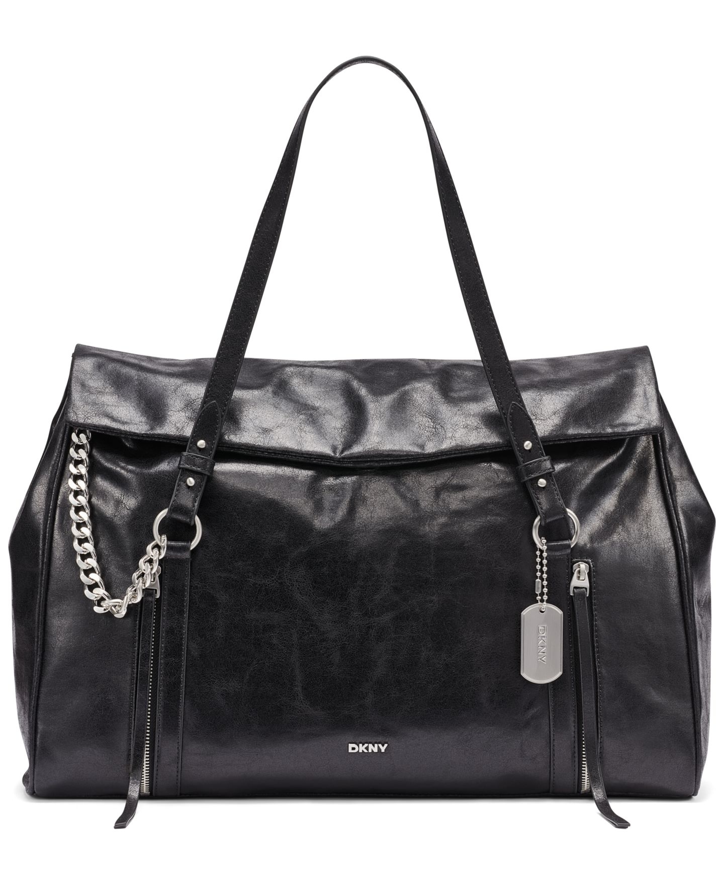 Женская сумка DKNY Skye Large Snap Closure Satchel Handbag, цвет: Чёрный / Серебряный — фото 1