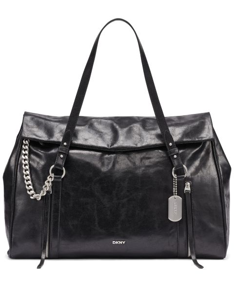 Женская сумка DKNY Skye Large Snap Closure Satchel Handbag, цвет: Чёрный / Серебряный