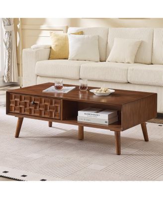 Wooden Coffee Table with Hidden Drawer and Open Shelf