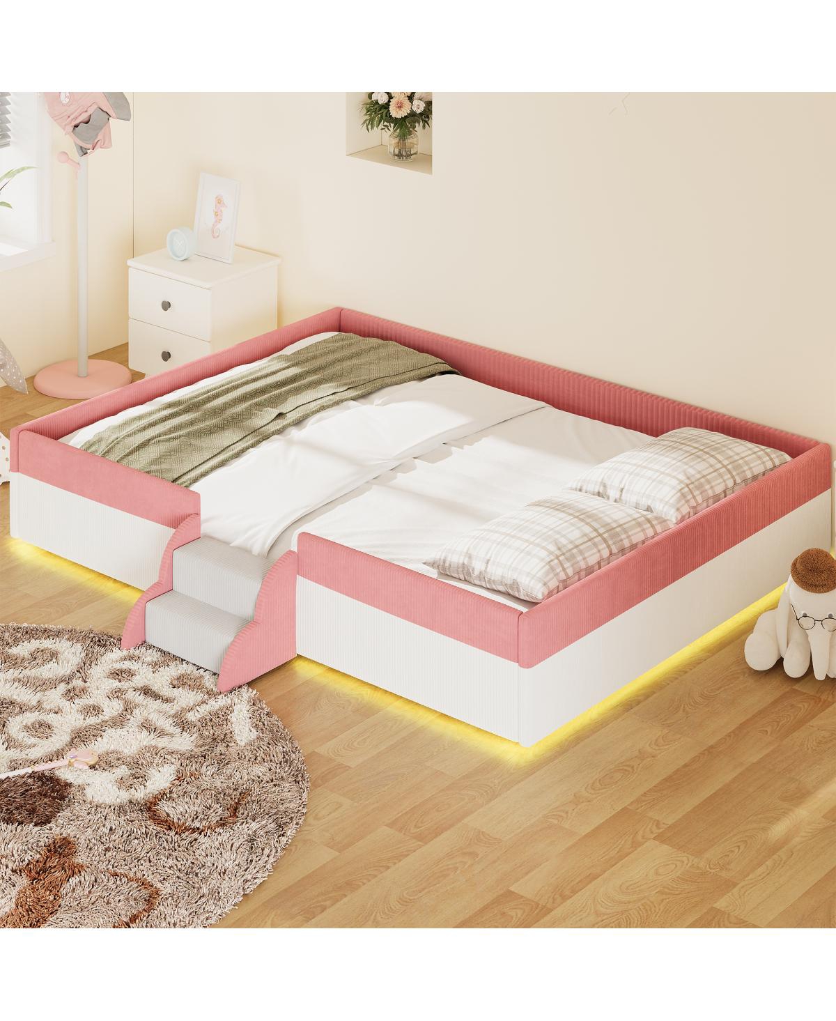 Streamdale Furniture Queen Upholstered Floor Bed with Fence, Steps and Led Lights