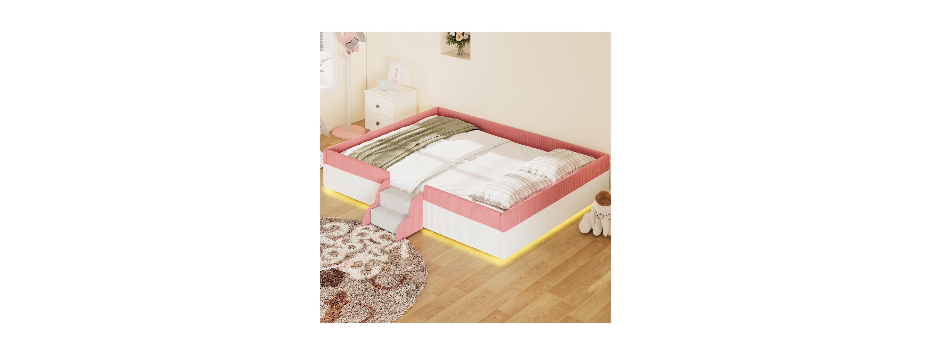 Streamdale Furniture Queen Upholstered Floor Bed with Fence, Steps and Led Lights