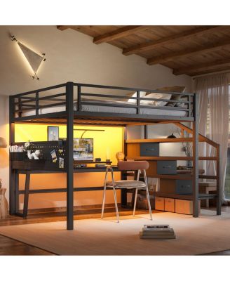  Queen Metal Loft Bed with Desk, Stairs, LED and Storage Drawers