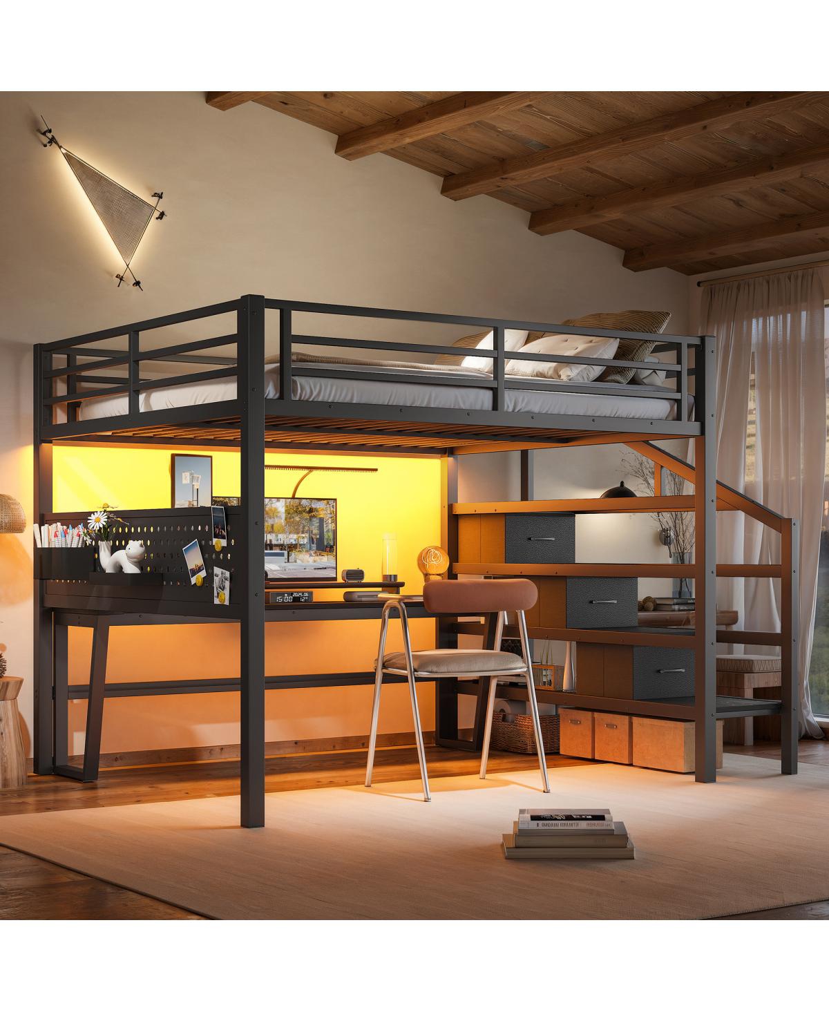 Streamdale Furniture Queen Metal Loft Bed with Desk, Stairs, Led and Storage Drawers