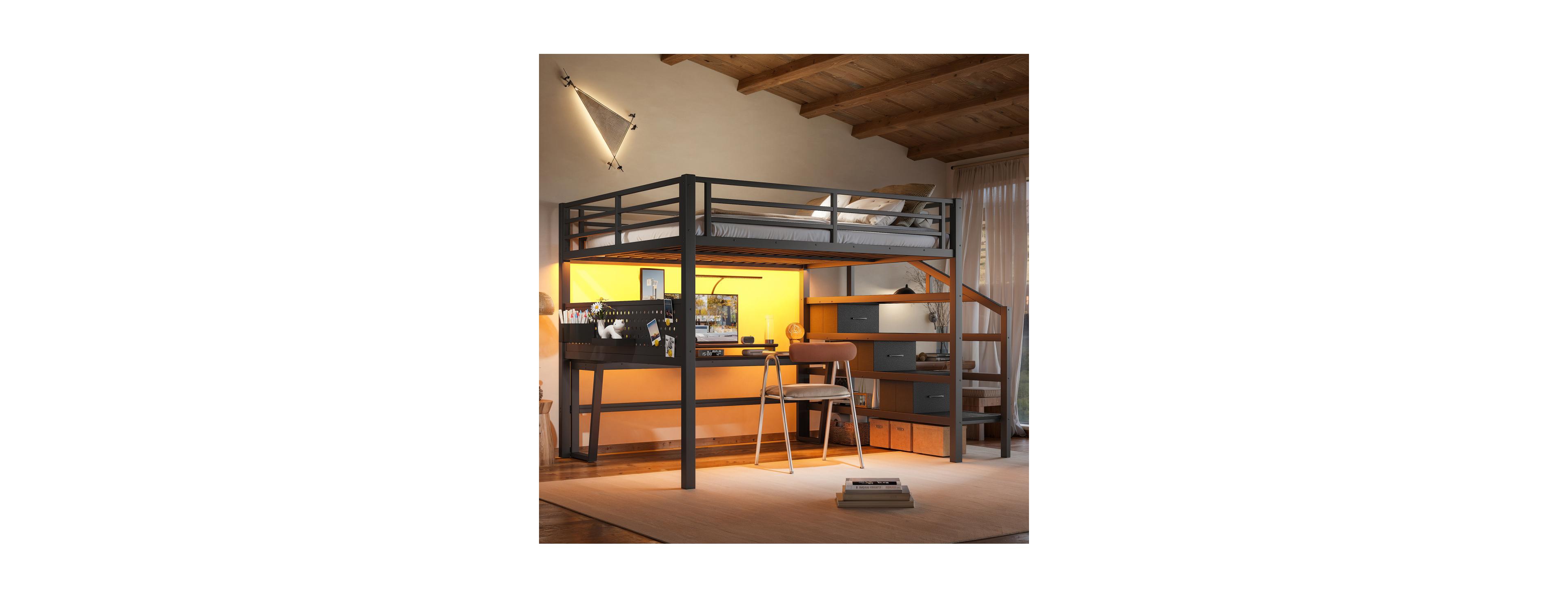 Streamdale Furniture Queen Metal Loft Bed with Desk, Stairs, Led and Storage Drawers