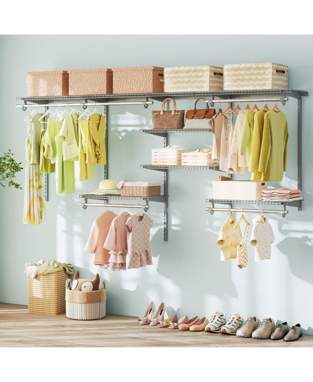 Sugift 4 to 8 Feet Closet Organizer System with Hanging Rods and 7 Storage Shelves Wall Mounted