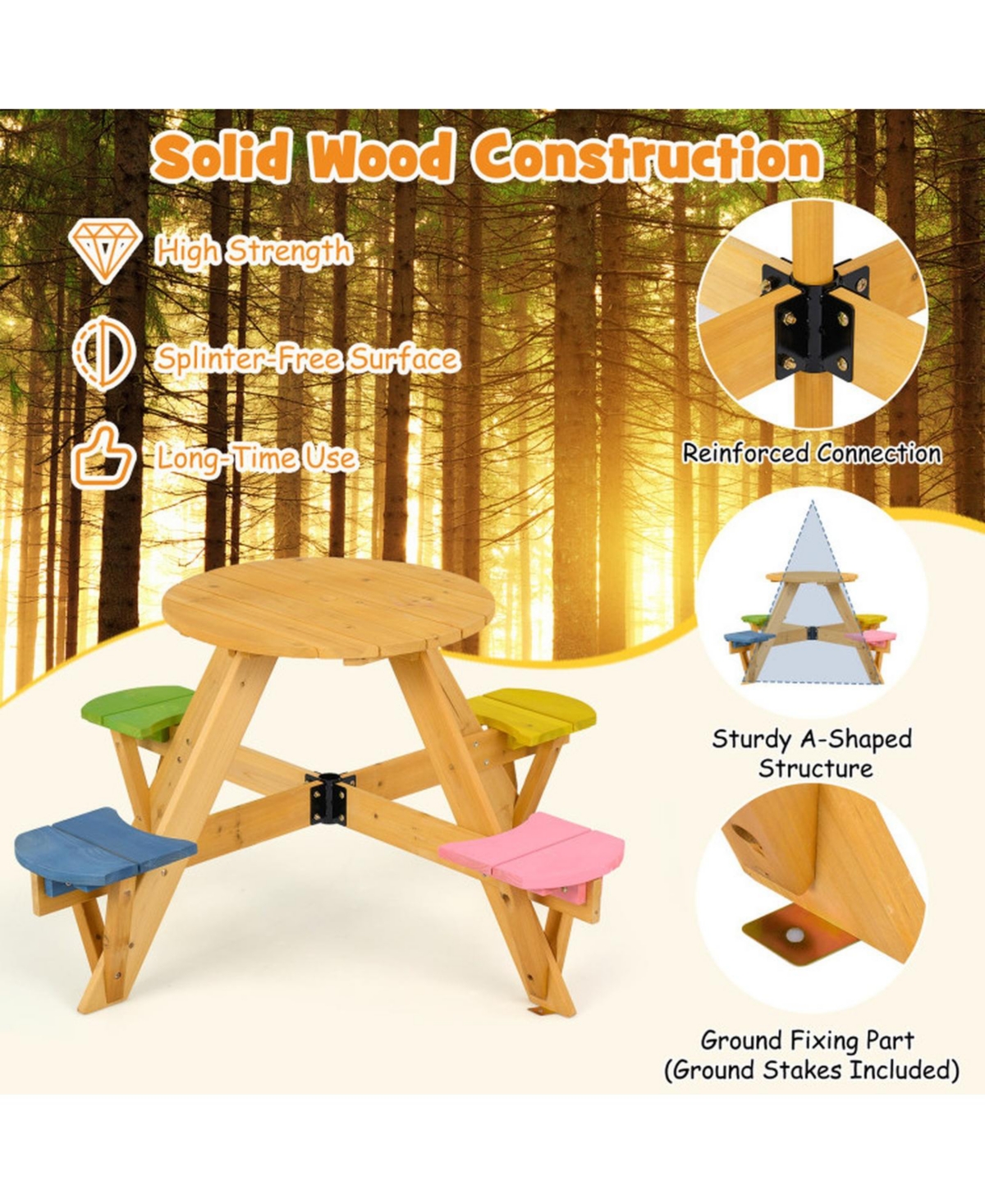 Sugift Kids Round Picnic Table with 4 Built-In Stools and Height Adjustable Umbrella