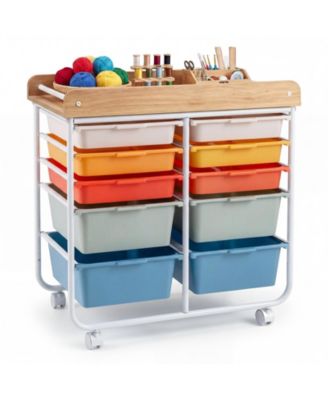 10-Drawer Rolling Cart with Raised-Edge Wooden Top