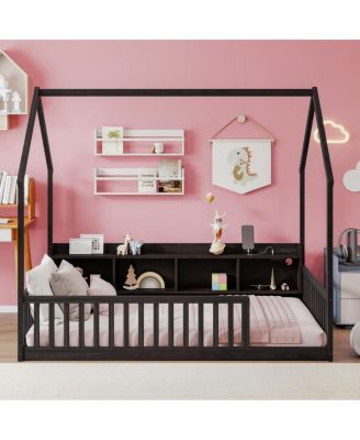  Twin House Floor Bed with Storage, LED, Charging Station