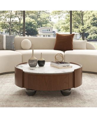 Round Stone Top Coffee Table with Dual Drawers and Walnut Frame