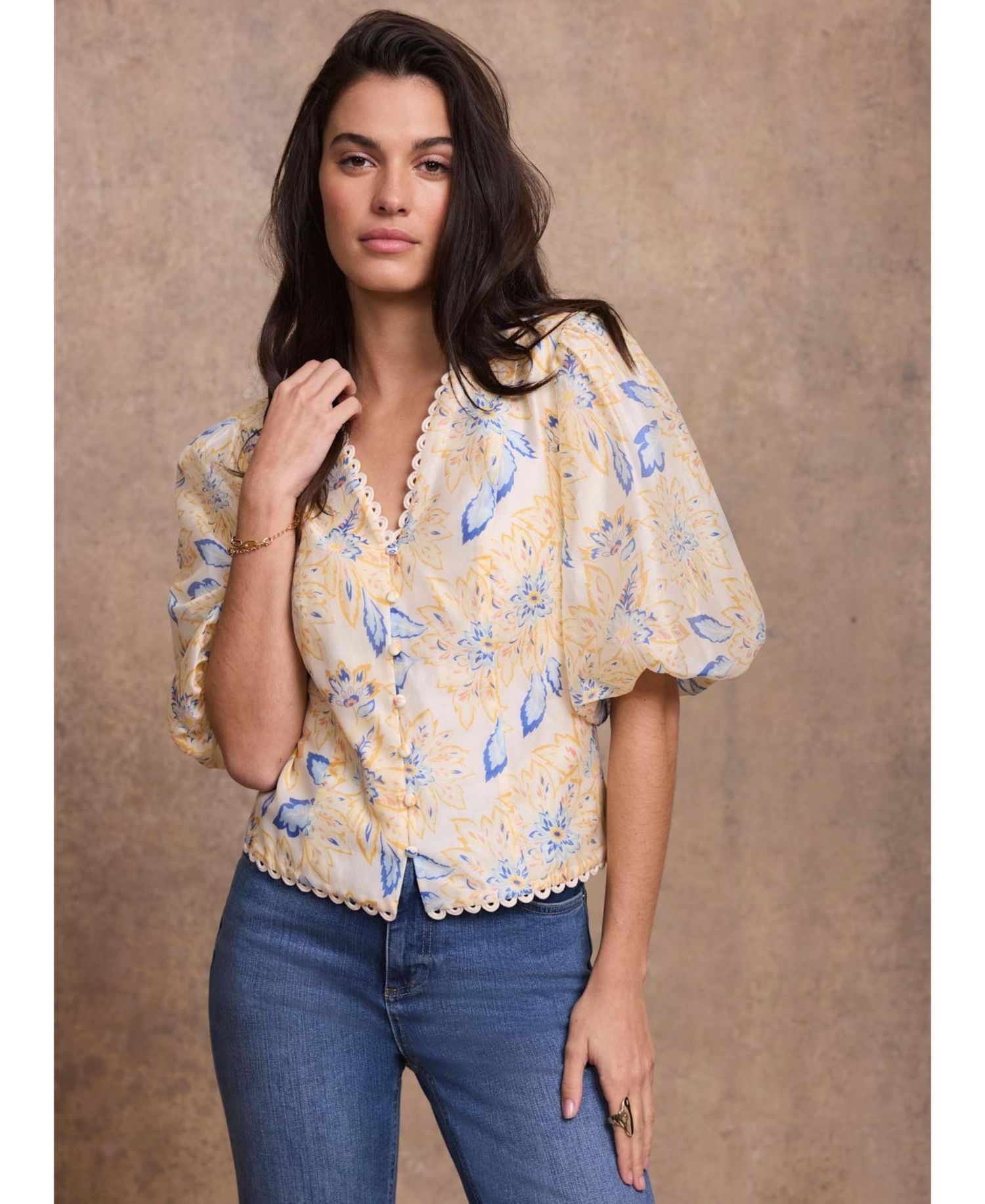 Women's Floral Puff-Sleeve Button-Front Lyocell-Blend Blouse