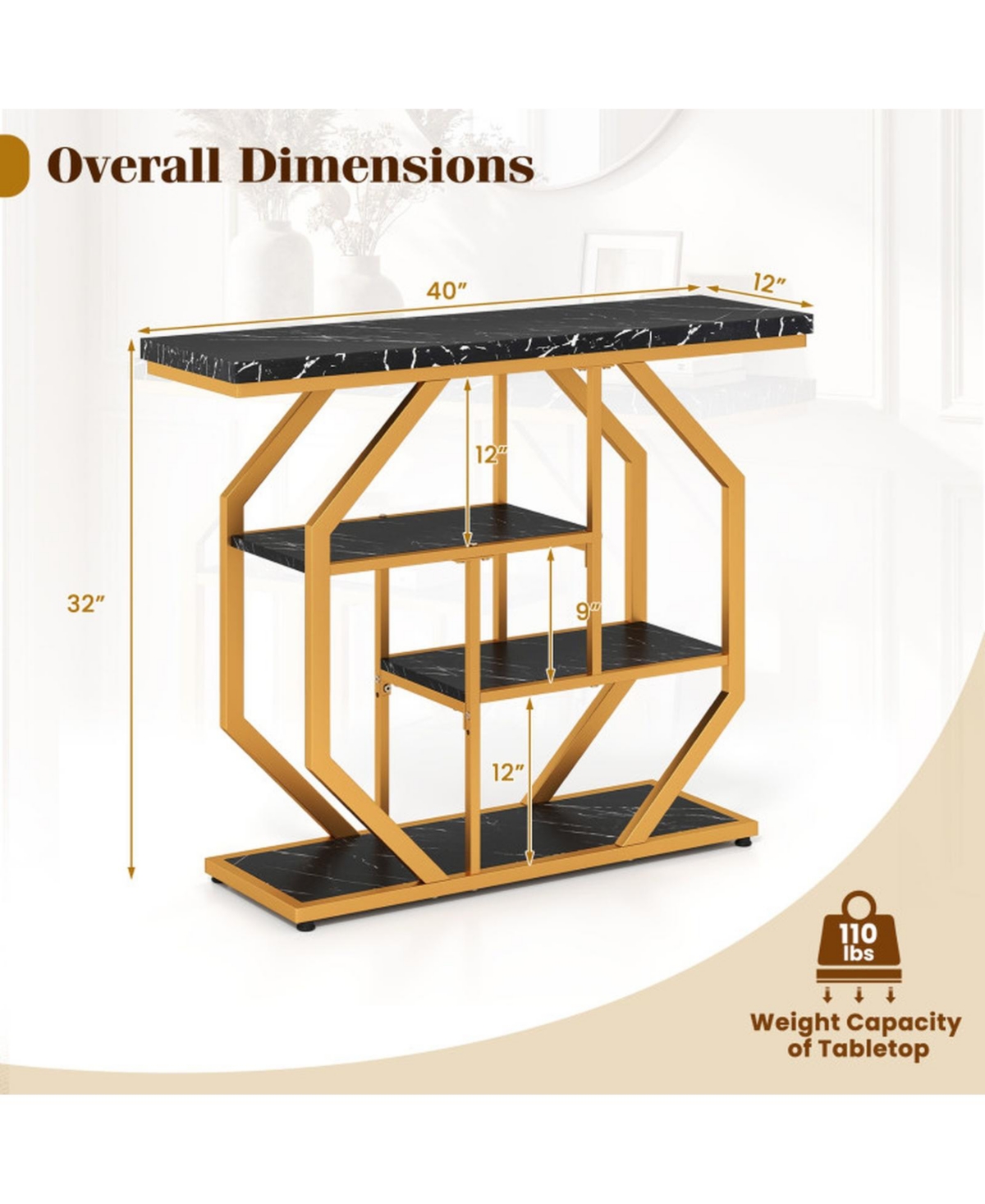 Sugift 4-Tier Modern Sofa Table Behind Couch with Faux Marble Top and Geometric Metal Frame