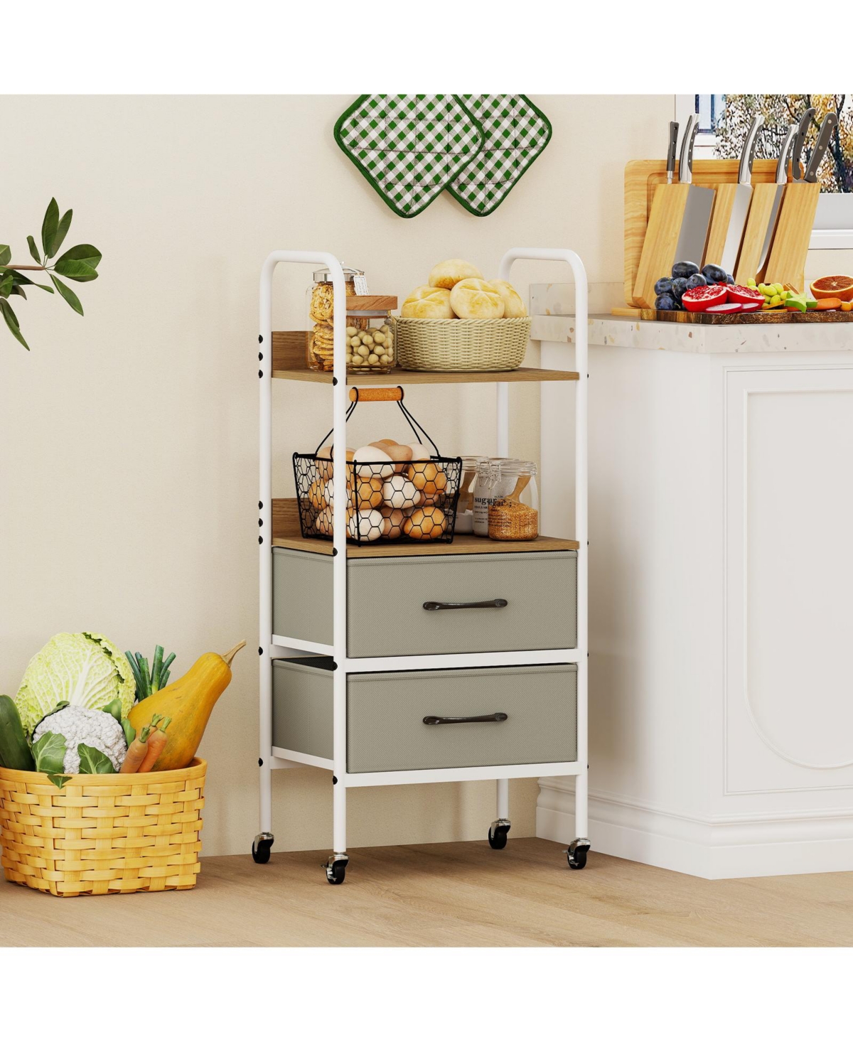 Mecale Rolling Utility Cart with Open Shelves and Fabric Drawers