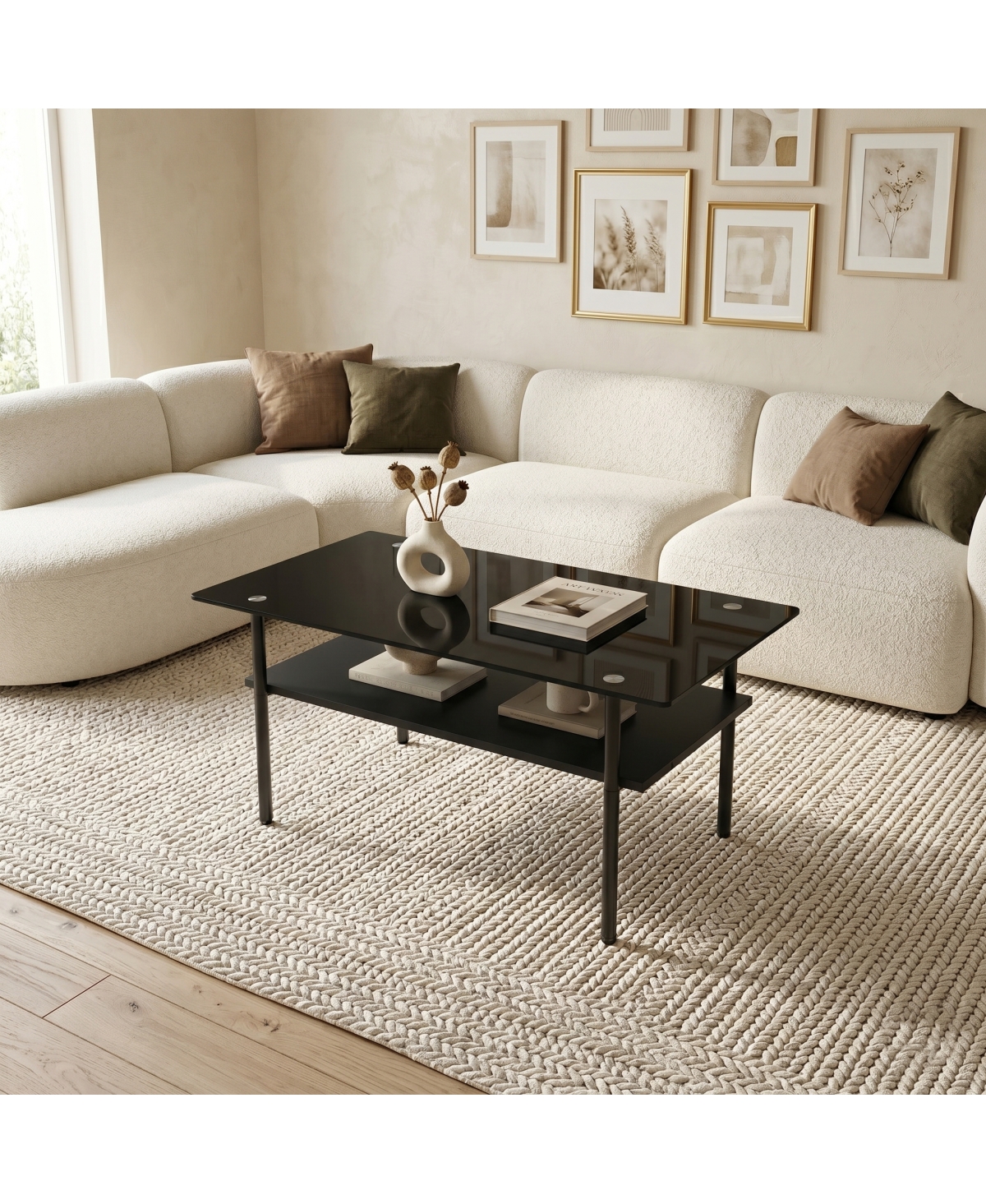 Streamdale Furniture Modern Glass Coffee Table with Wood Shelf, Metal Legs, 38.6