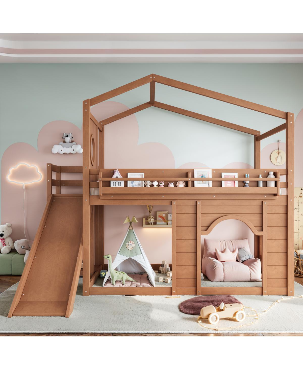 Streamdale Furniture Twin Size House Loft Bed with Slide, Bookshelves and Wardrobe