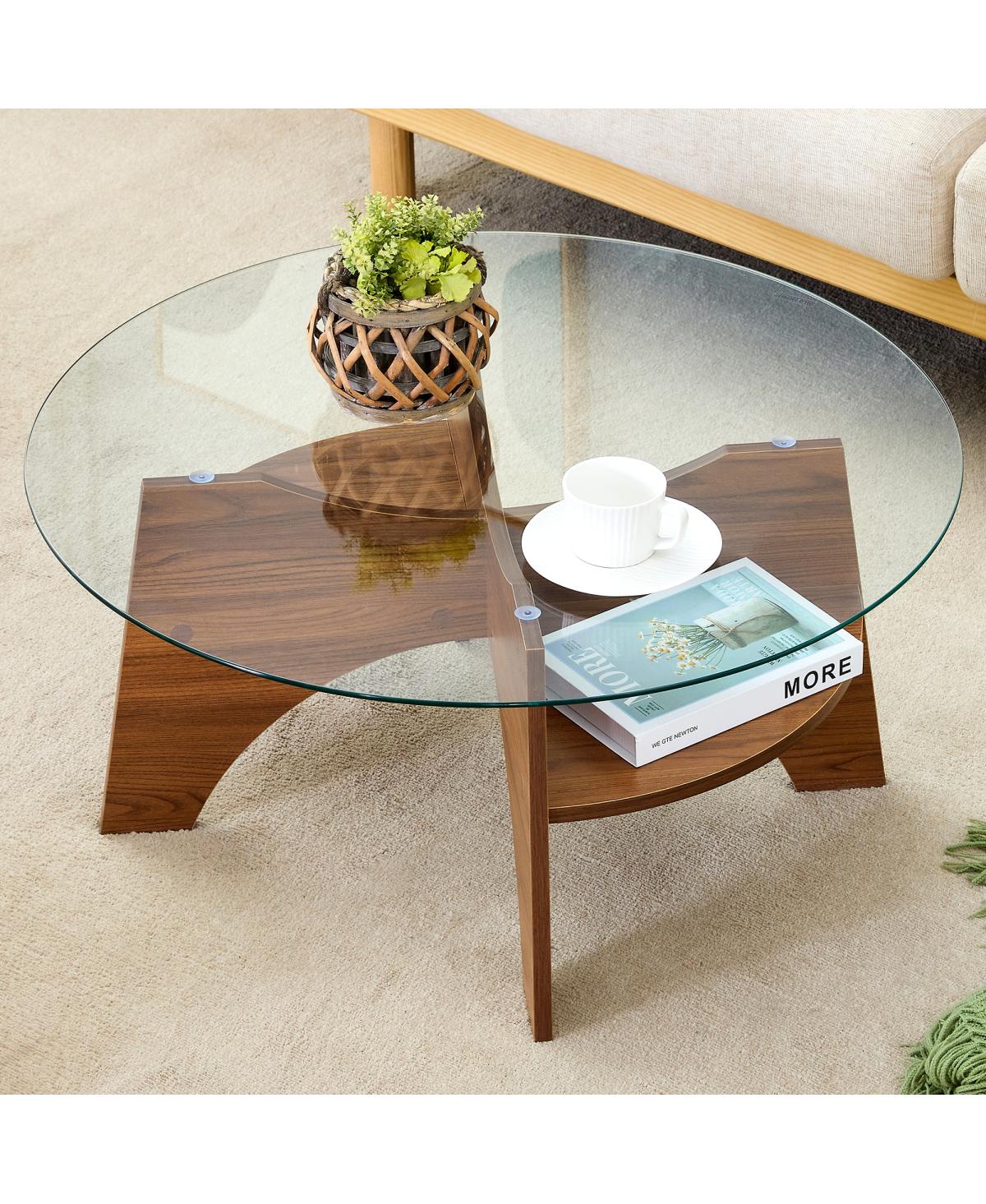 Streamdale Furniture Round Tempered Glass Coffee Table, Walnut Grain Pedestal Base, 31.5