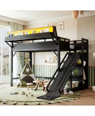 Twin XL Metal Loft Bed with Slide, Wardrobe and LED Lights