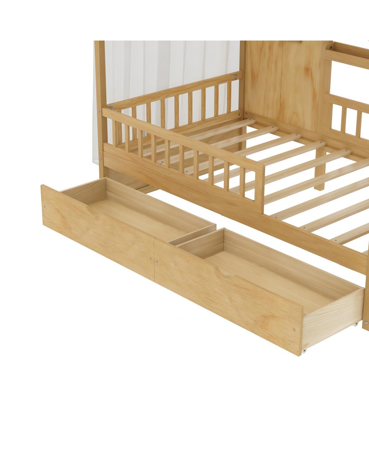 Streamdale Furniture Kids Twin Montessori Floor Bed with Roof, Curtains and Storage Drawers