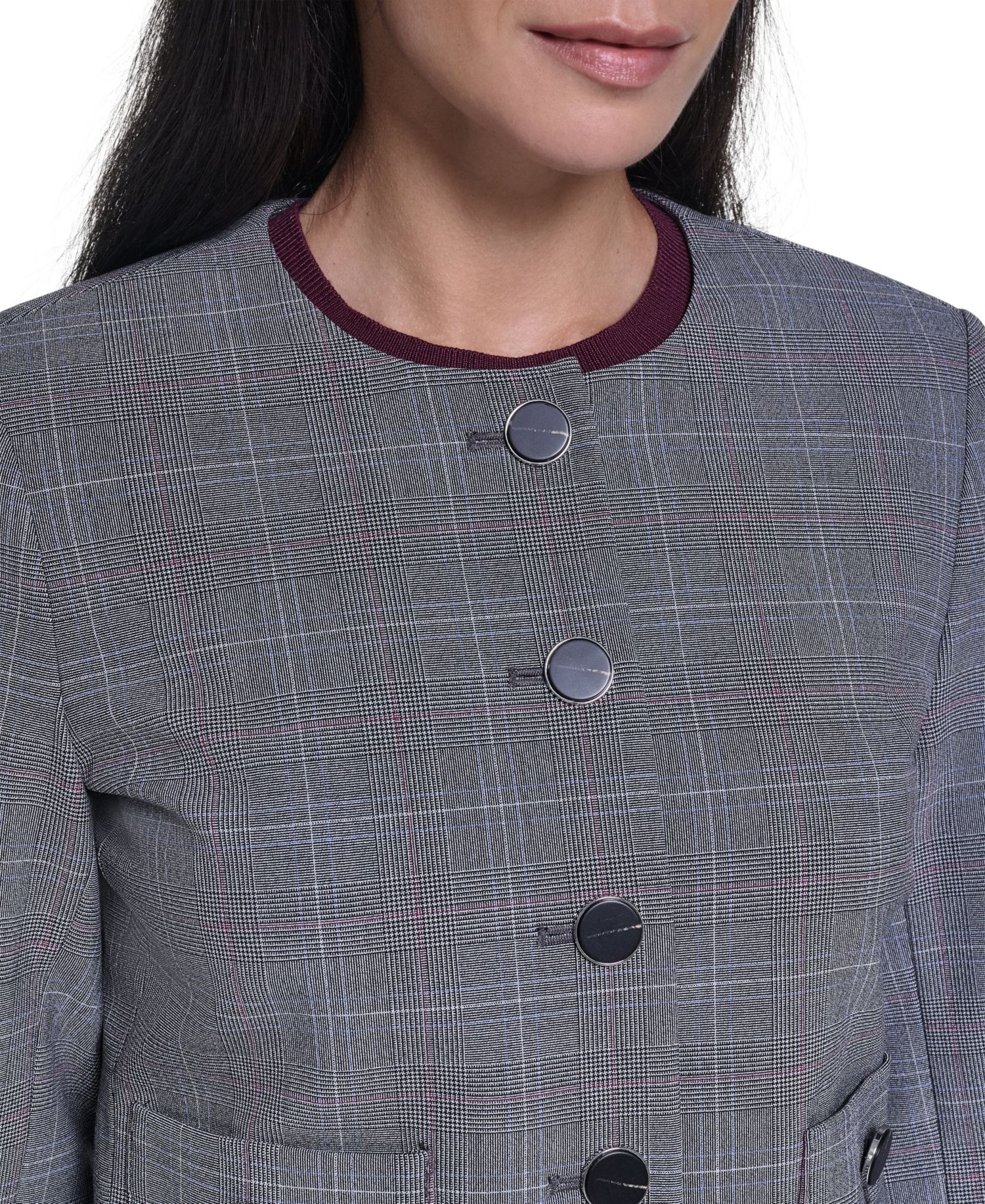 Women's Cropped Plaid Collarless Jacket
