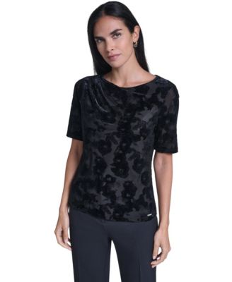 Women's Short-Sleeve Pleated Floral Blouse