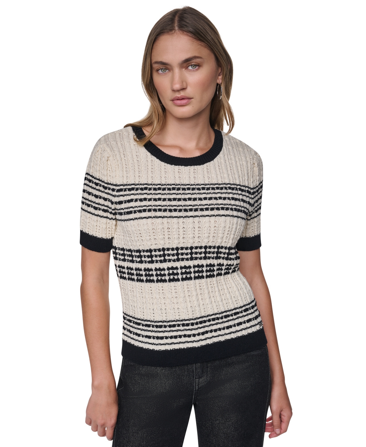 Dkny Jeans Women's Short-Sleeve Striped Crewneck Cotton Sweater - Eggnog/black