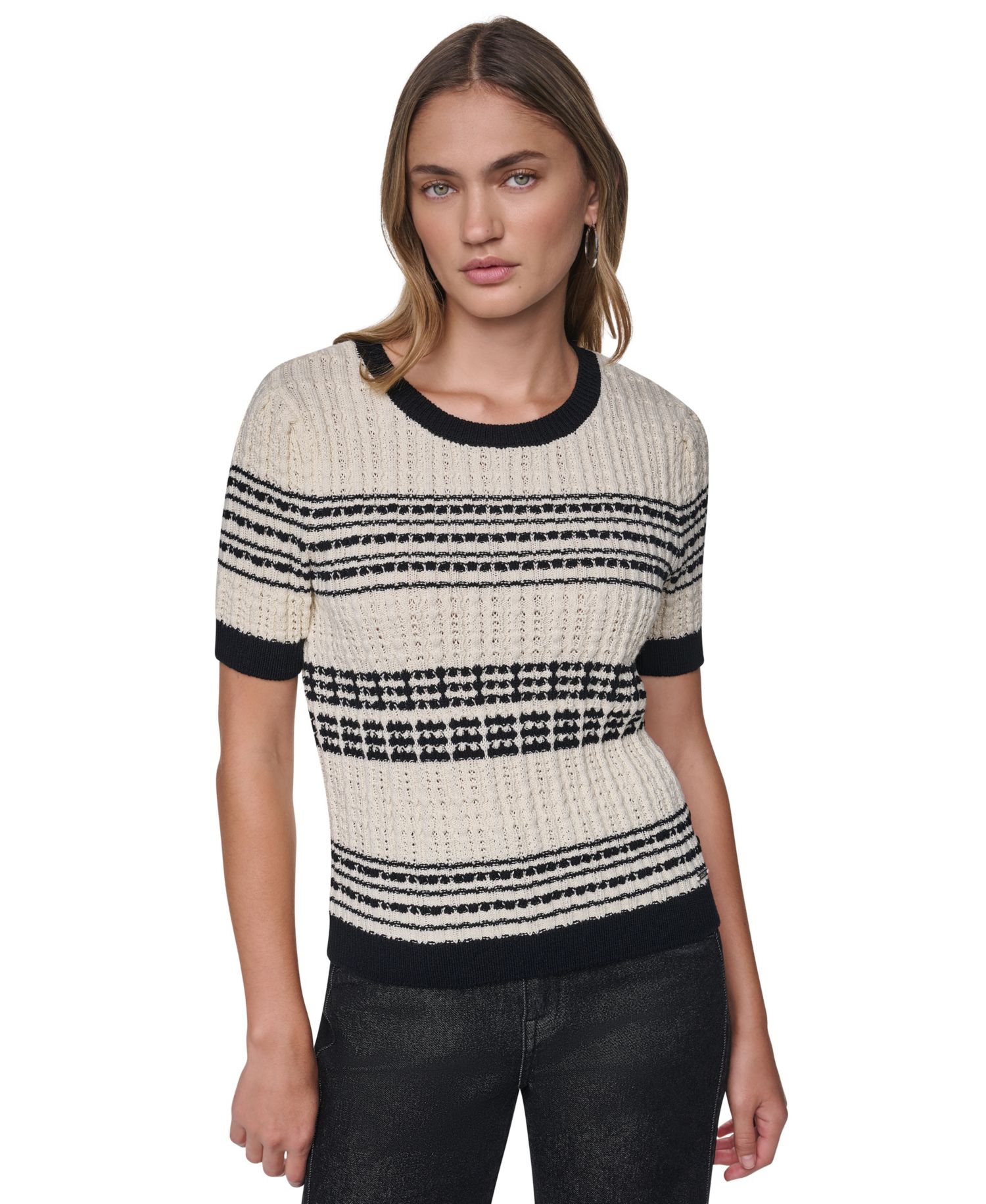 Women's Short-Sleeve Striped Crewneck Cotton Sweater