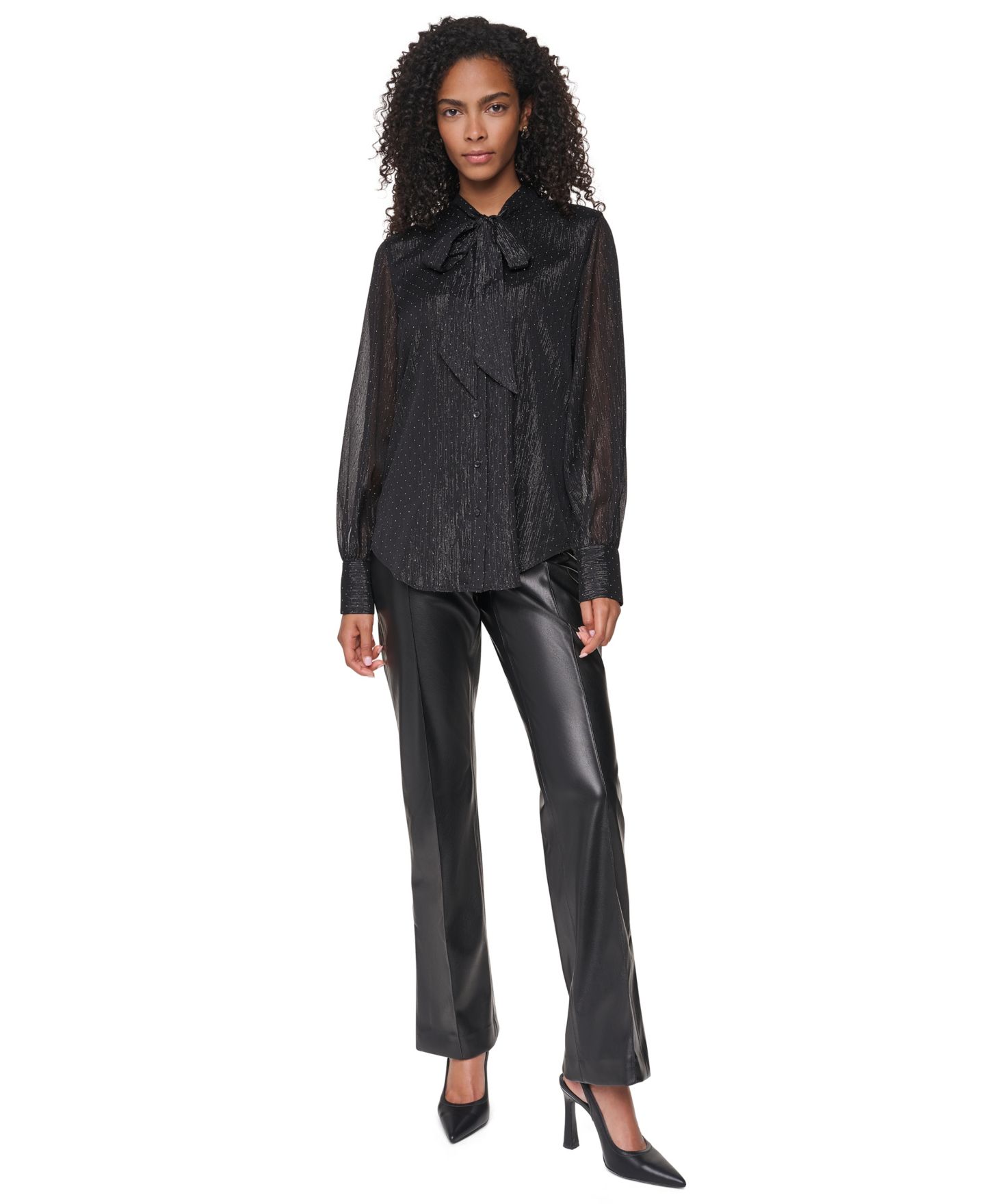 Женская блузка DKNY Petite Long-Sleeve Tie-Neck Button-Up Blouse, цвет: Чёрный — фото 2