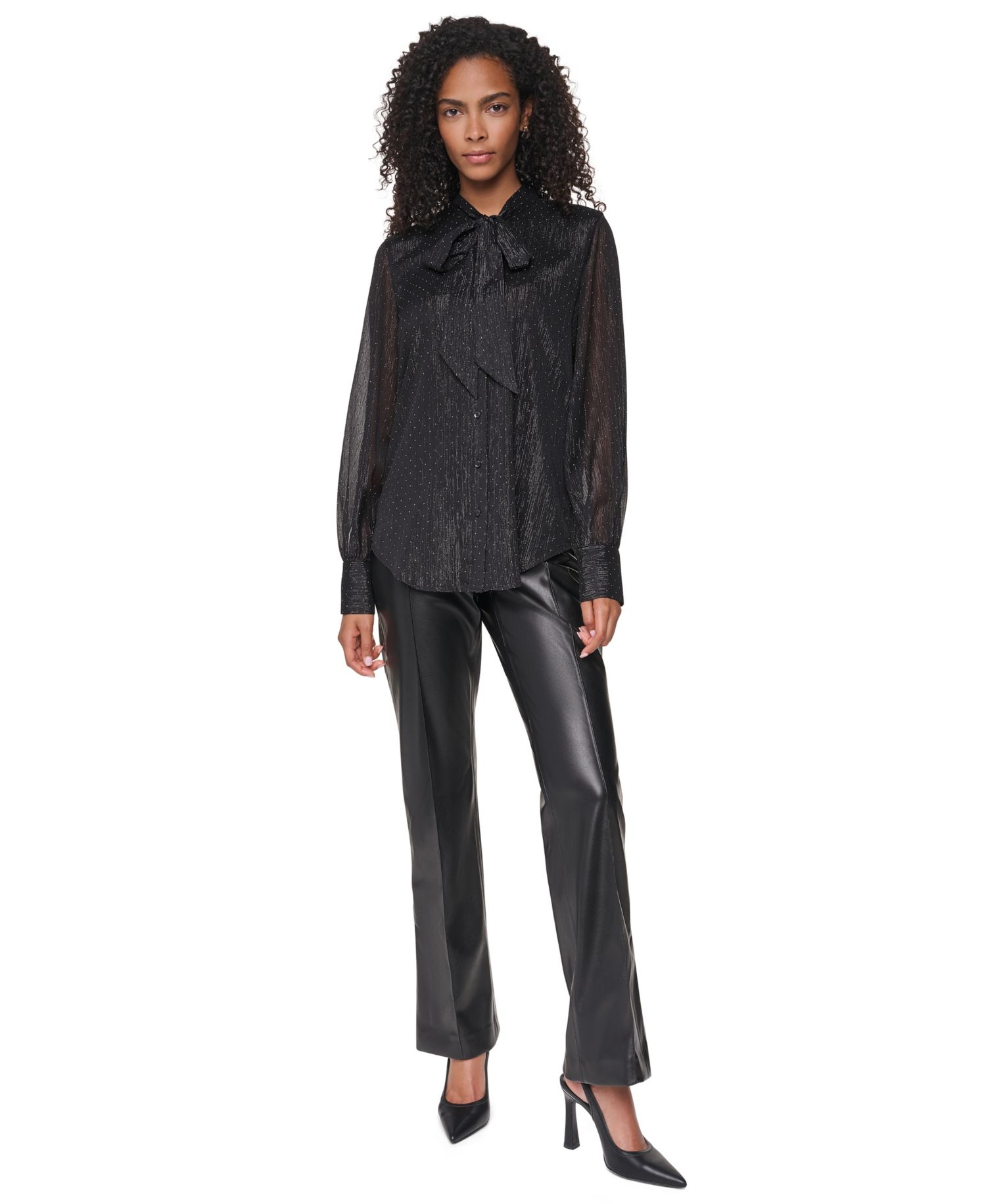 Petite Long-Sleeve Tie-Neck Button-Up Blouse