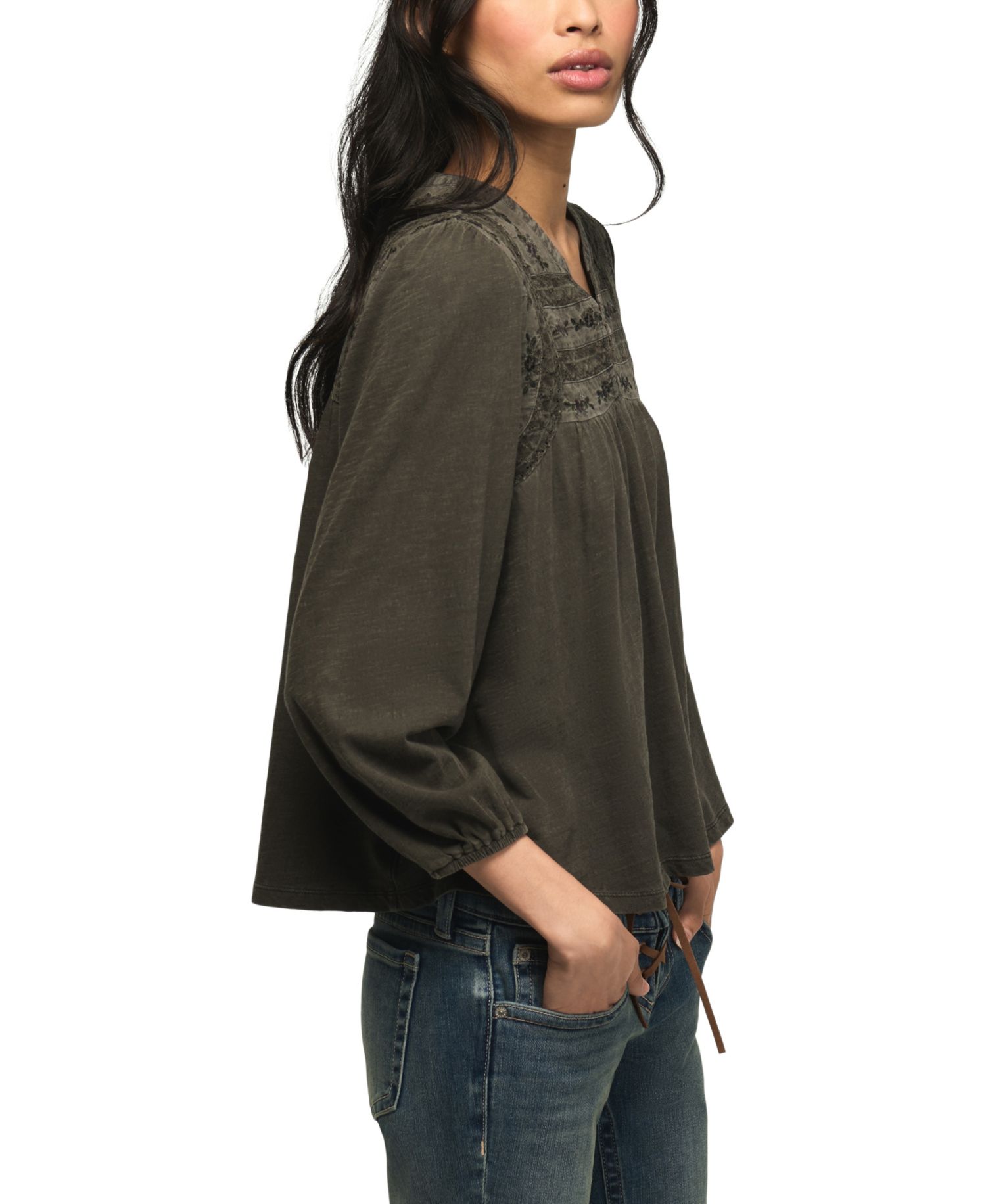 Women's Trim Mix Knit Lace-Trim Embroidered Peasant Top