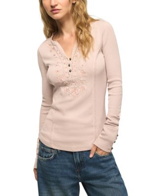 Women's Embroidered V-Neck Long-Sleeve Henley