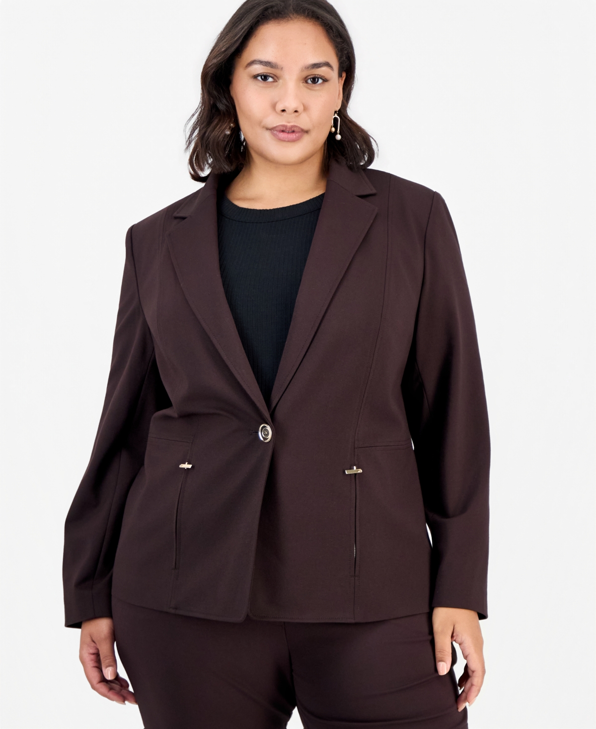Kasper Plus Size Notch-Collar Single-Button Blazer - Rich Chocolate