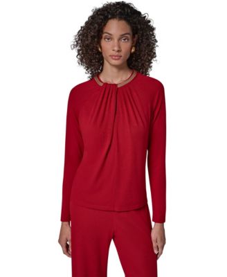 Women's Necklace Detail Long-Raglan Sleeves Keyhole Cutout Pullover