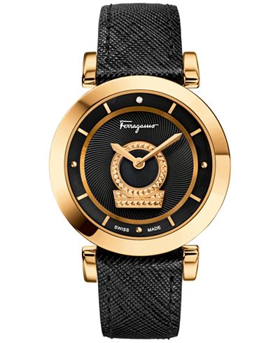Ferragamo Women's Swiss Minuetto Diamond Accent Black Leather Strap Watch 37mm FQ4230015
