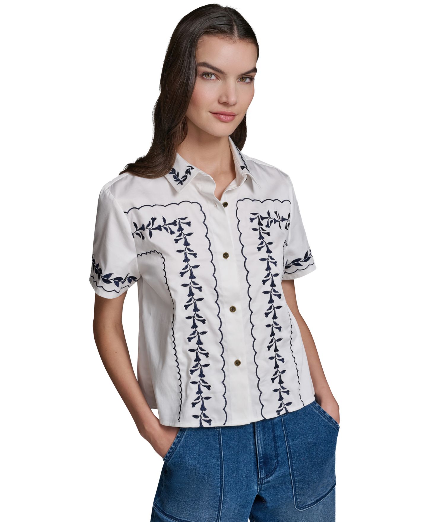 Женская рубашка KARL LAGERFELD PARIS Short-Sleeve Embroidery, цвет: Тёмно-синий — фото 9