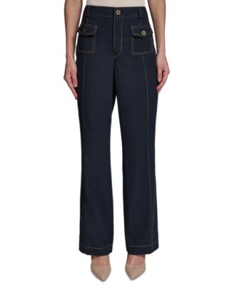 Women's Front Pockets Mid-Rise Straight Long Pants