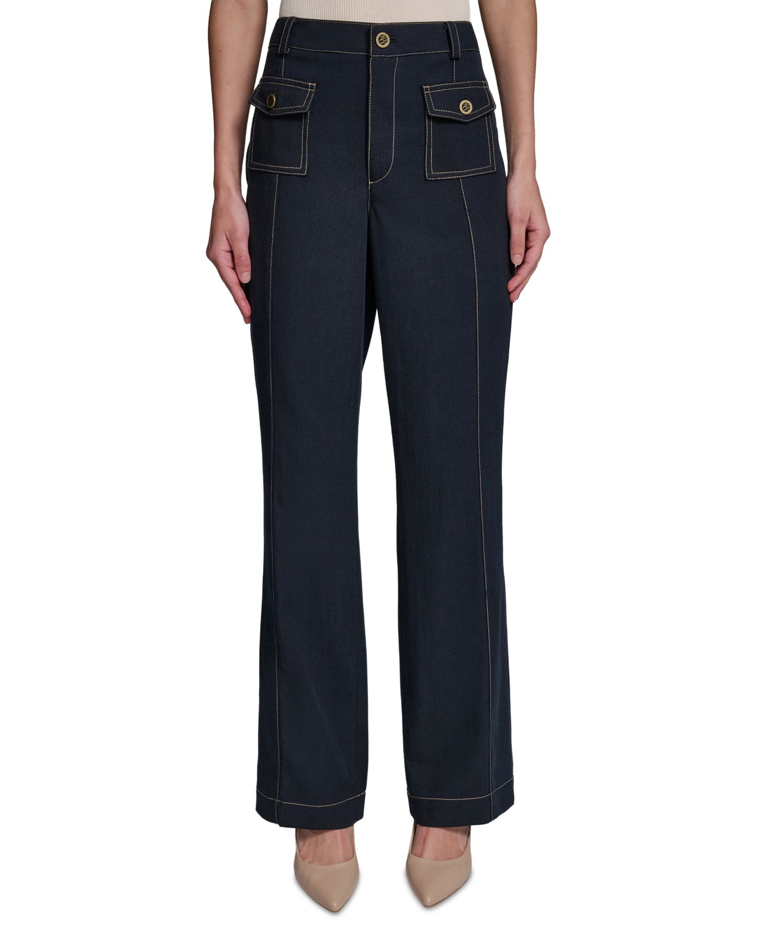 Women's Front Pockets Mid-Rise Straight Long Pants