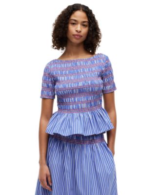 Women's Smocking Striped Boat Neck Cotton Top